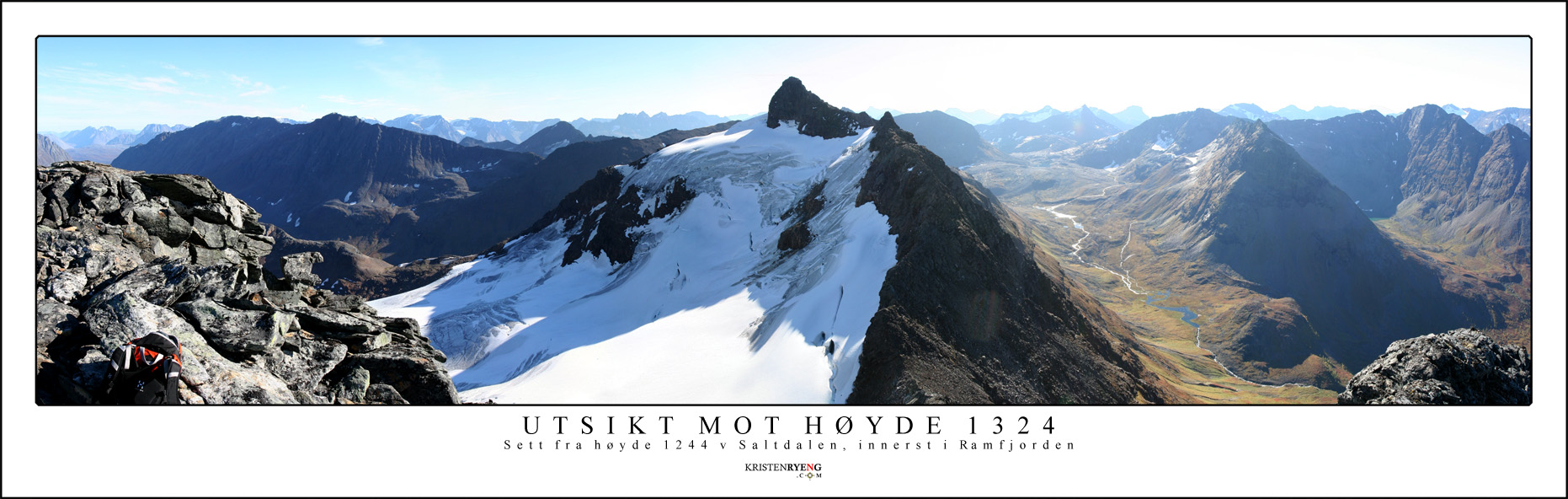 Panorama-3-Hoyde1244-WEB.jpg - Utsikt mot en flott høyde (1324 moh) uten navn. Fjellet ligger øst for Maritindan. Her sett fra navnløs høyde 1244, også den øst for Maritindan.