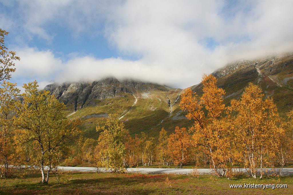 IMG_0040.JPG - Fra parkeringen ved Krokenga. Her utsikt opp mot Sauskarbekken. Storfjellet i tåken til venstre i bildet. Breidalfjellet opp til høyre.