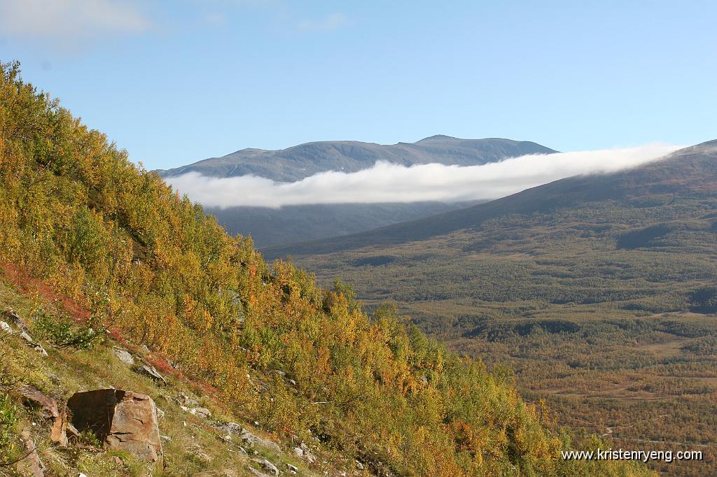 IMG_0055.JPG - Utsikt mot nordøst. Fjellkjeden Nakkefjellet bak beltet med tåke.